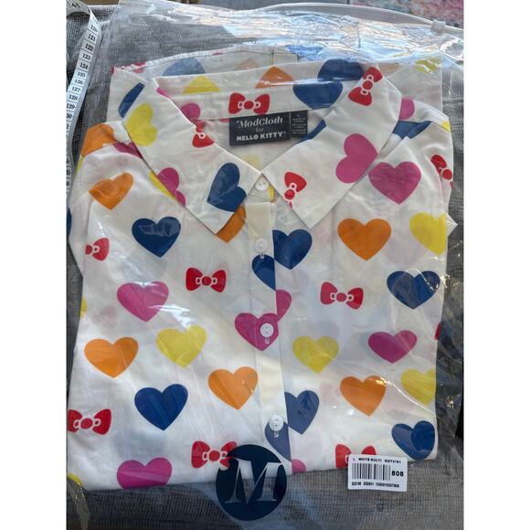 ModCloth x Hello Kitty Supercute Love Button-Up Top White Hearts Womens L NWT - Picture 8 of 8